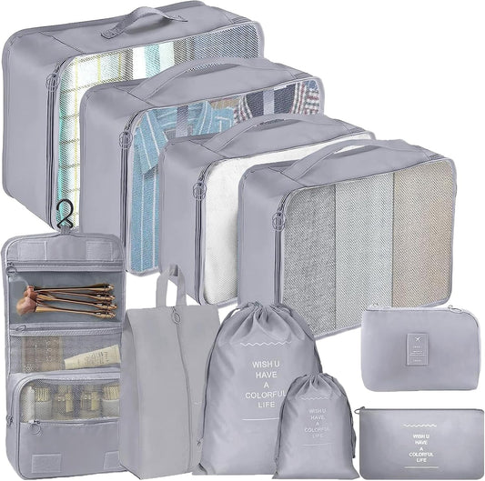 SINZUX Space-Saving Suitcase Organizer, 10 Pieces Travel Suitcase, Grey Dividers Suitcase for Storing Clothes on Travel and Home, Packing Cubes for Cosmetics Clothing Shoes