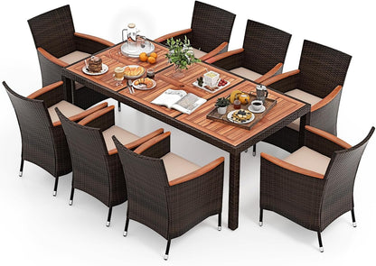 ORALNER 9 Pieces Outdoor Dining Set, Patio Wicker Dining Table and Chairs Set with Acacia Wood Table Top, Seat Cushions, Rattan Dining Table Set for 8, Garden Yard Poolside Deck (Beige)