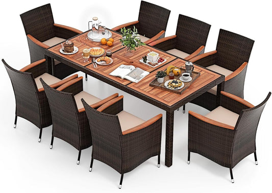 ORALNER 9 Pieces Outdoor Dining Set, Patio Wicker Dining Table and Chairs Set with Acacia Wood Table Top, Seat Cushions, Rattan Dining Table Set for 8, Garden Yard Poolside Deck (Beige)