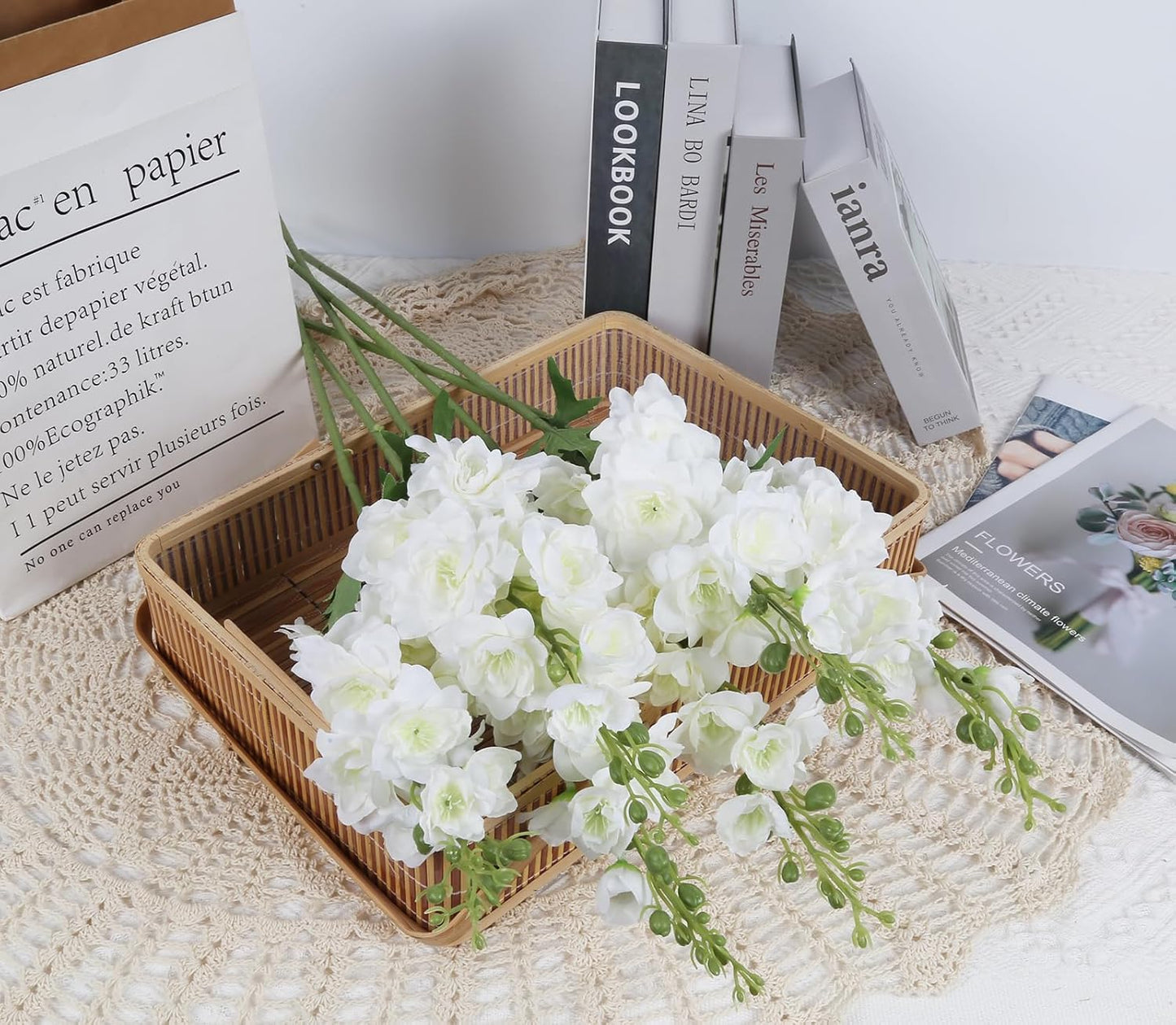 Rzoukler White Delphinium Artificial Flower 6PCS Larkspur Silk Delphinium Flowers 29.52" Long Stem Fake Flower for Tall Vase Wedding Floral Arrangements Home Table Decor(White)
