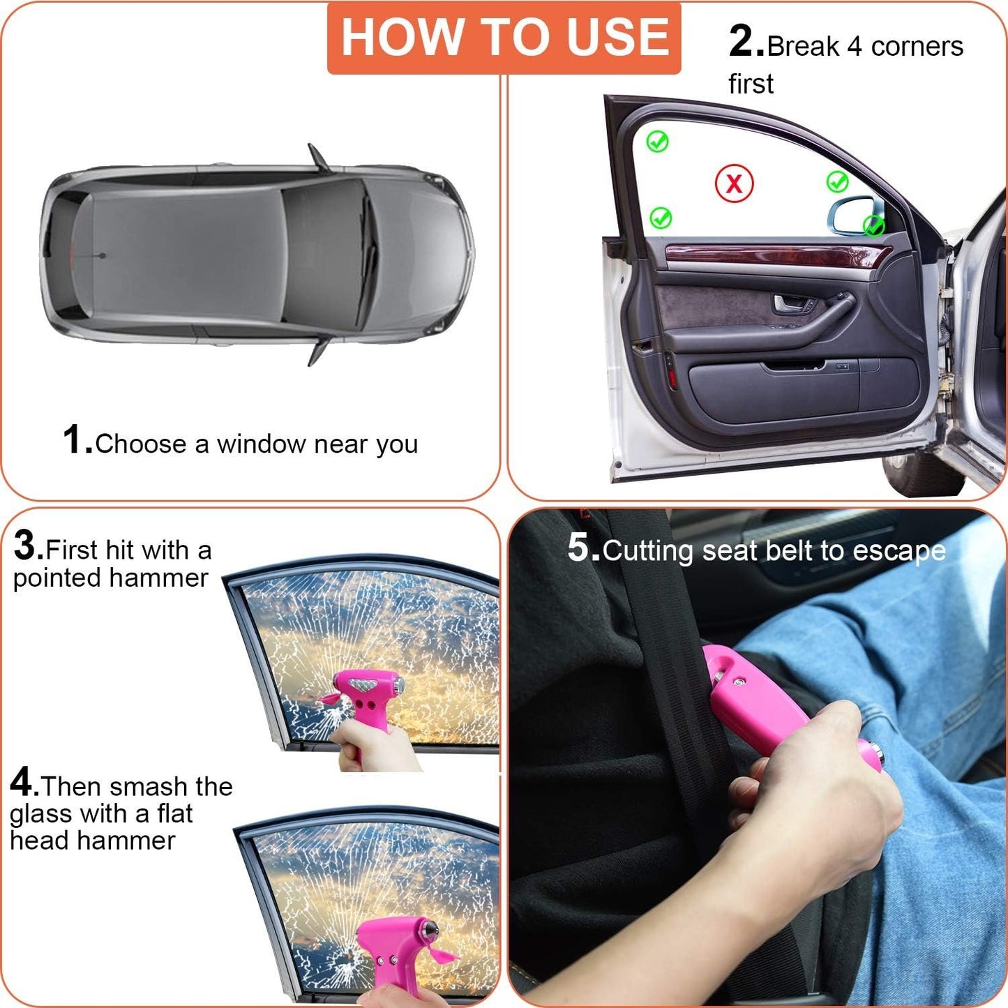 THINKWORK Car Safety Hammer Gift for Women, Three-in-One Emergency Escape Tool with Window Breaker and Seat Belt Cutter, Escape Hammer, Safety Emergency Car Escape Tool for Family, Women, Children
