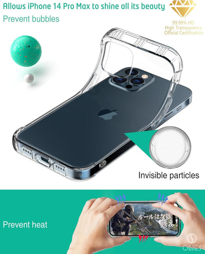 ONES iPhone 14 Pro Max HD Clear Case『 Military Protection Shockproof Airbags 』『 Speaker Resonance 』〔 Screen & Lens Guard 〕〔 Anti-Slip 〕〔 Strap Hole 〕 · Sturdy Impact Absorb Anti-Yellow Silicone Cover