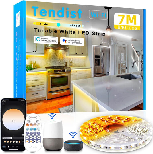 7M White LED Light Strips 3000K-6500K, Tendist Alexa Compatible Led Strip Light Cool and Warm White Dimmable, 24V App Smart Under Cabinet Lighting with Remote, Counter Light for Kitchen, Mirror