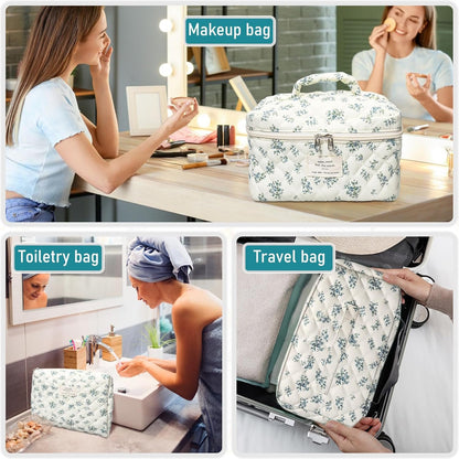 Large Makeup Bag Floral Cosmetic Bag Quilted Flower Travel Makeup Toiletry Bags Set Organizer Cotton Cute Make Up Accessories Zipper Bags Pouch Travel Essentials Gifts for Women Teen Girls Blue