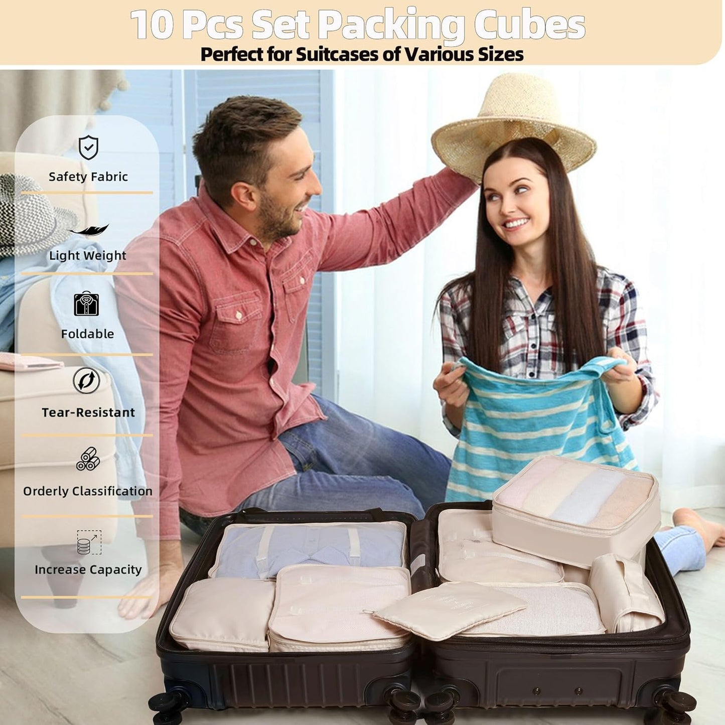 10 Pcs Set Packing Cubes - Travel Packing Organizers, Expandable Suitcase Organizer, Luggage Organizer Bags, BEIGE, Large