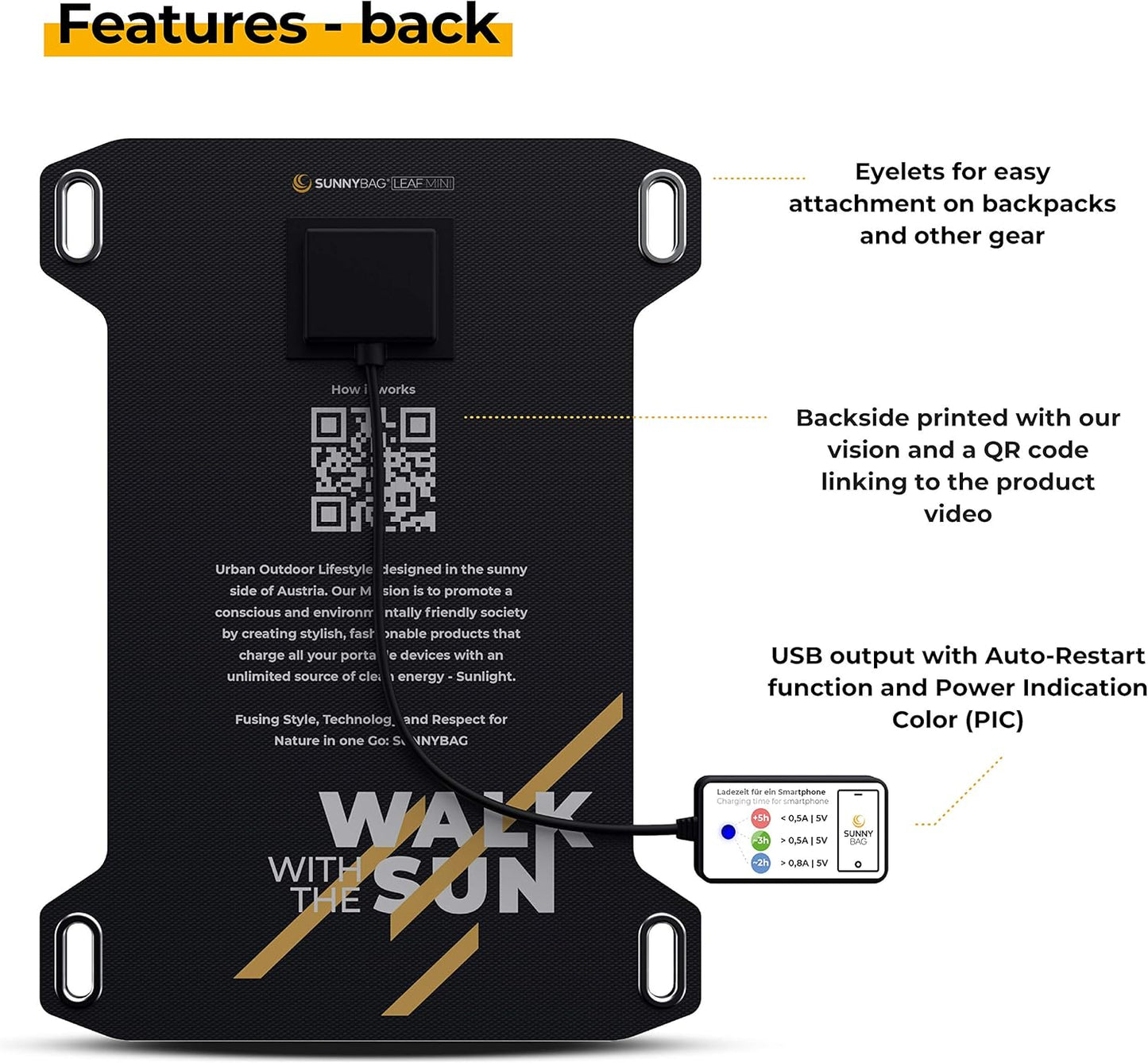 Sunnybag Leaf Mini | Solar Charger with 5 watts of Power | Environmentally Friendly Charging with Solar Energy on The go | Ultra-Light and Waterproof | 158 Grams | USB Output