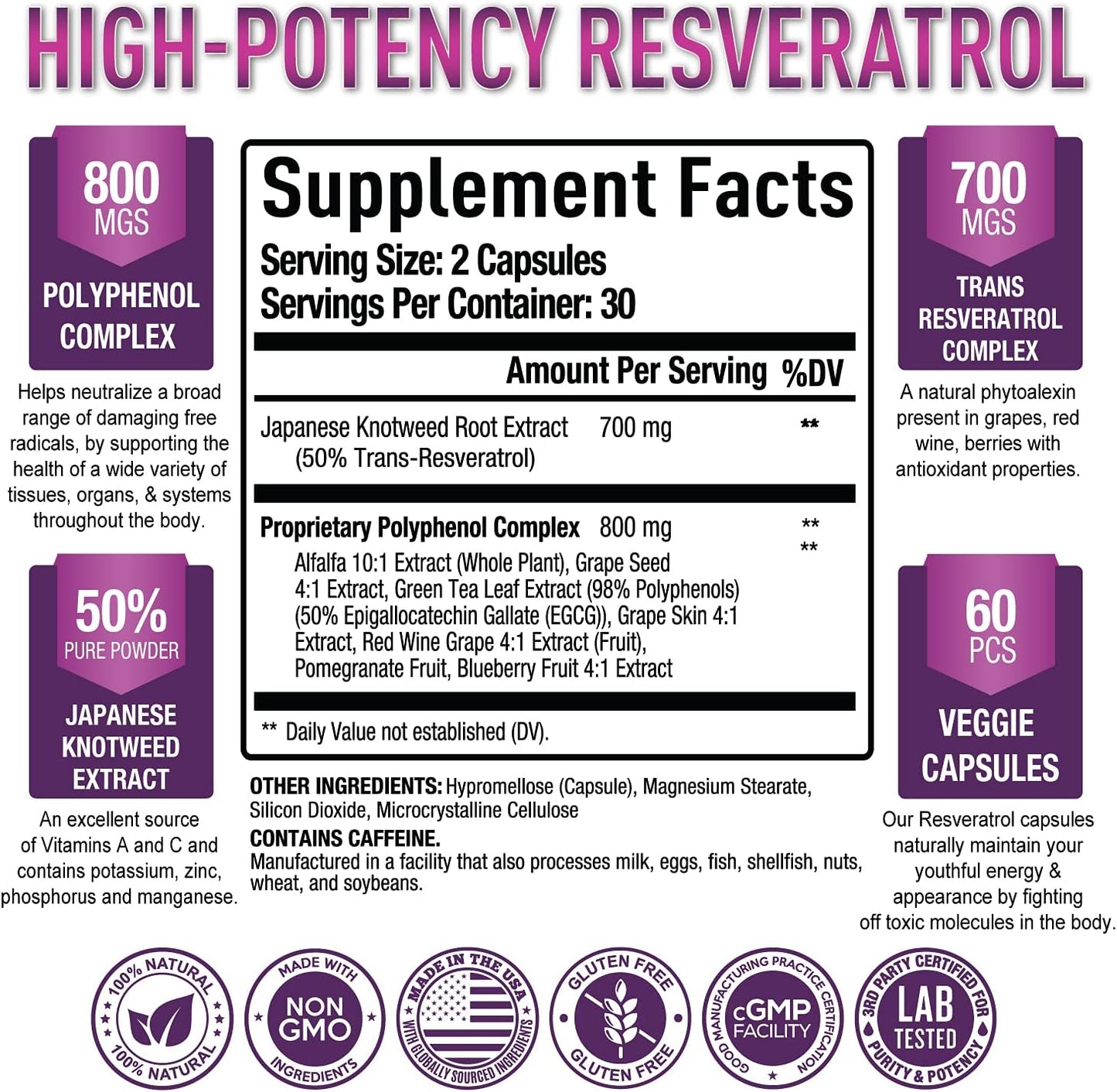 Purely Optimal Resveratrol 1500mg - High Potency Trans-Resveratrol Supplement with Polyphenols, 60 Vegan Capsules - Supports Graceful Aging, Vitality, Immune Function & Total Body Wellness