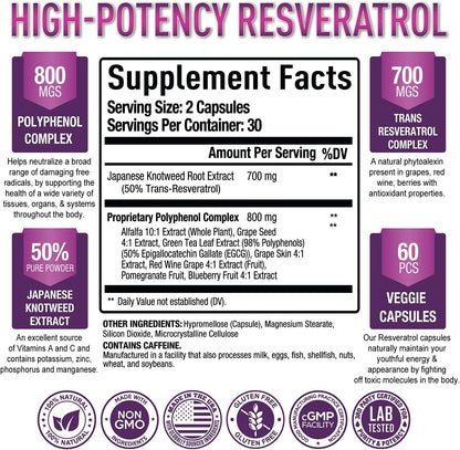 Purely Optimal Resveratrol 1500mg - High Potency Trans-Resveratrol Supplement with Polyphenols, 60 Vegan Capsules - Supports Graceful Aging, Vitality, Immune Function & Total Body Wellness