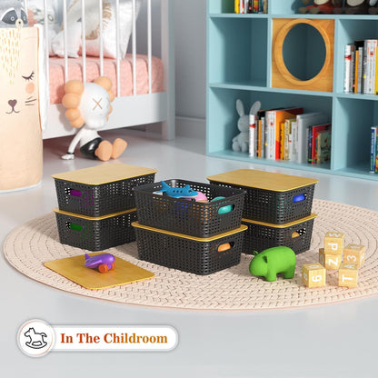 Plastic Storage Baskets With Bamboo Lid - Plastic Storage Containers Stackable Storage bins: Storage Baskets for Organizing Shelves Drawers Desktop Closet Playroom Classroom Office, 6 Pack