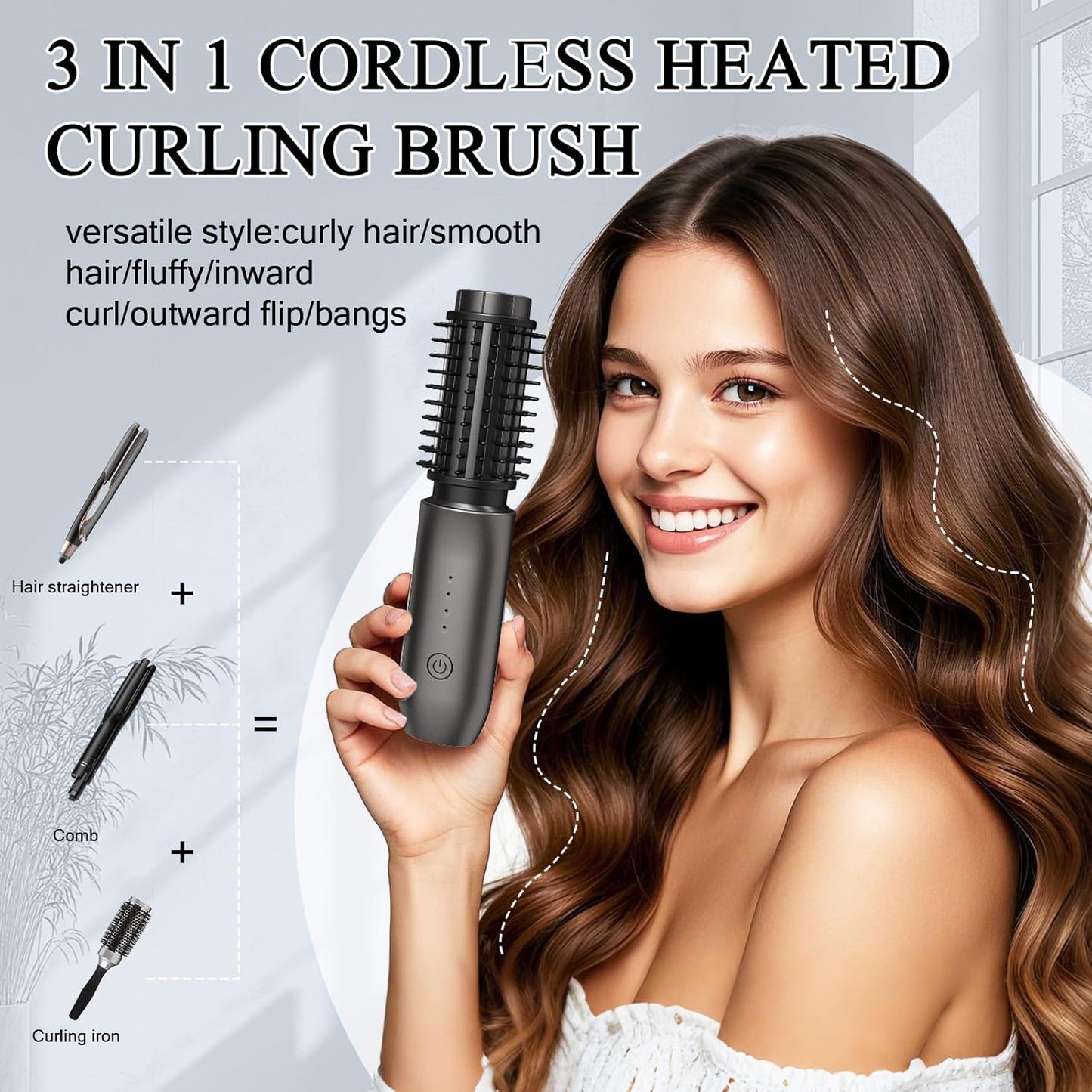 Portable Burling Iron Cordless - Cordless Hot Brush, Hair Curling Brush,4 Temperatures | Fast Heating, Anti-Scald, and Anti-Frizz, Crimper Hair Tool for Travel, Date, Work - Classic Black