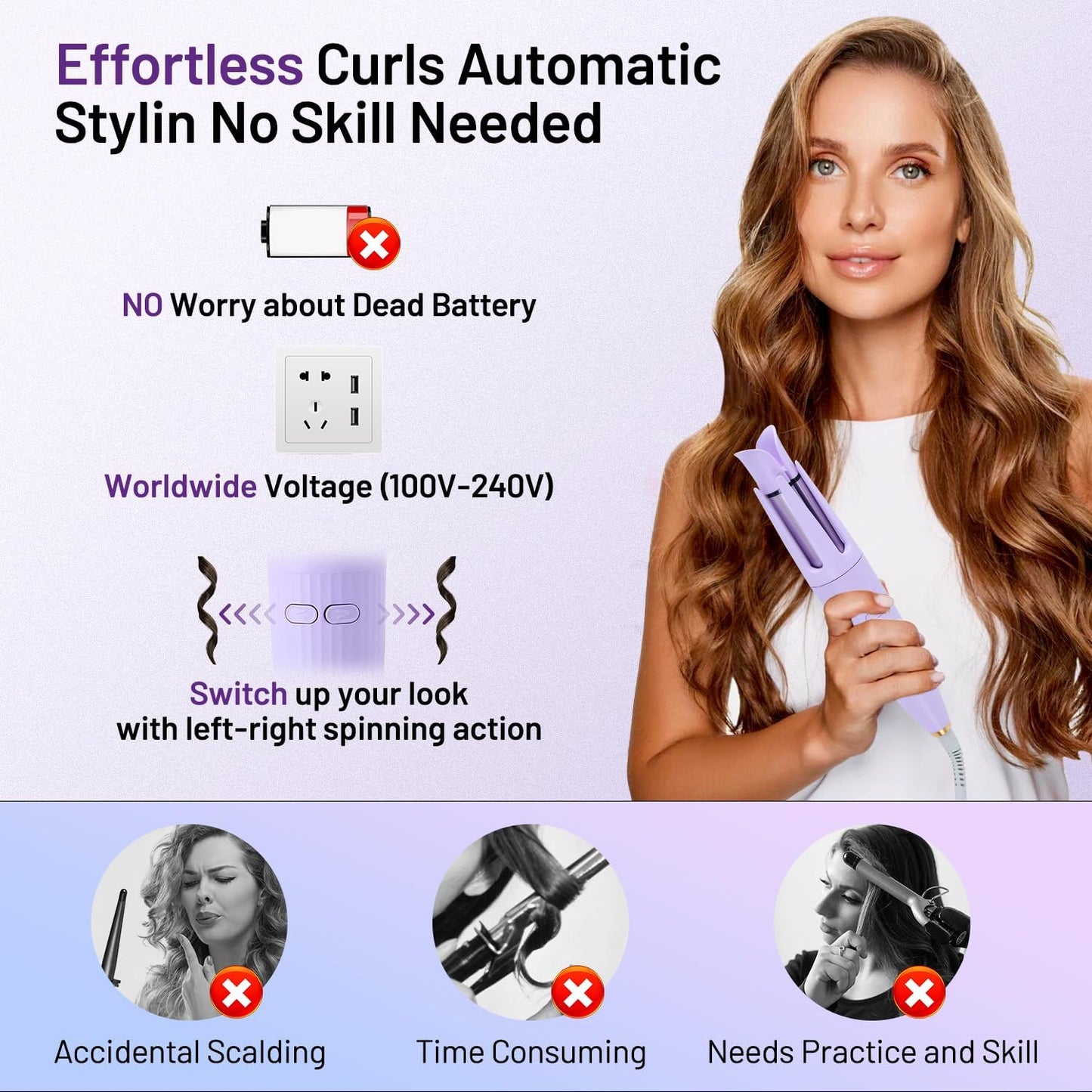 Automatic Hair Curling Iron Automatic Hair Curler Automatic Rotating with 3 Temperature Sets, Anti-Scald, Anti-Tangle Auto Curling Iron Rotating, Purple