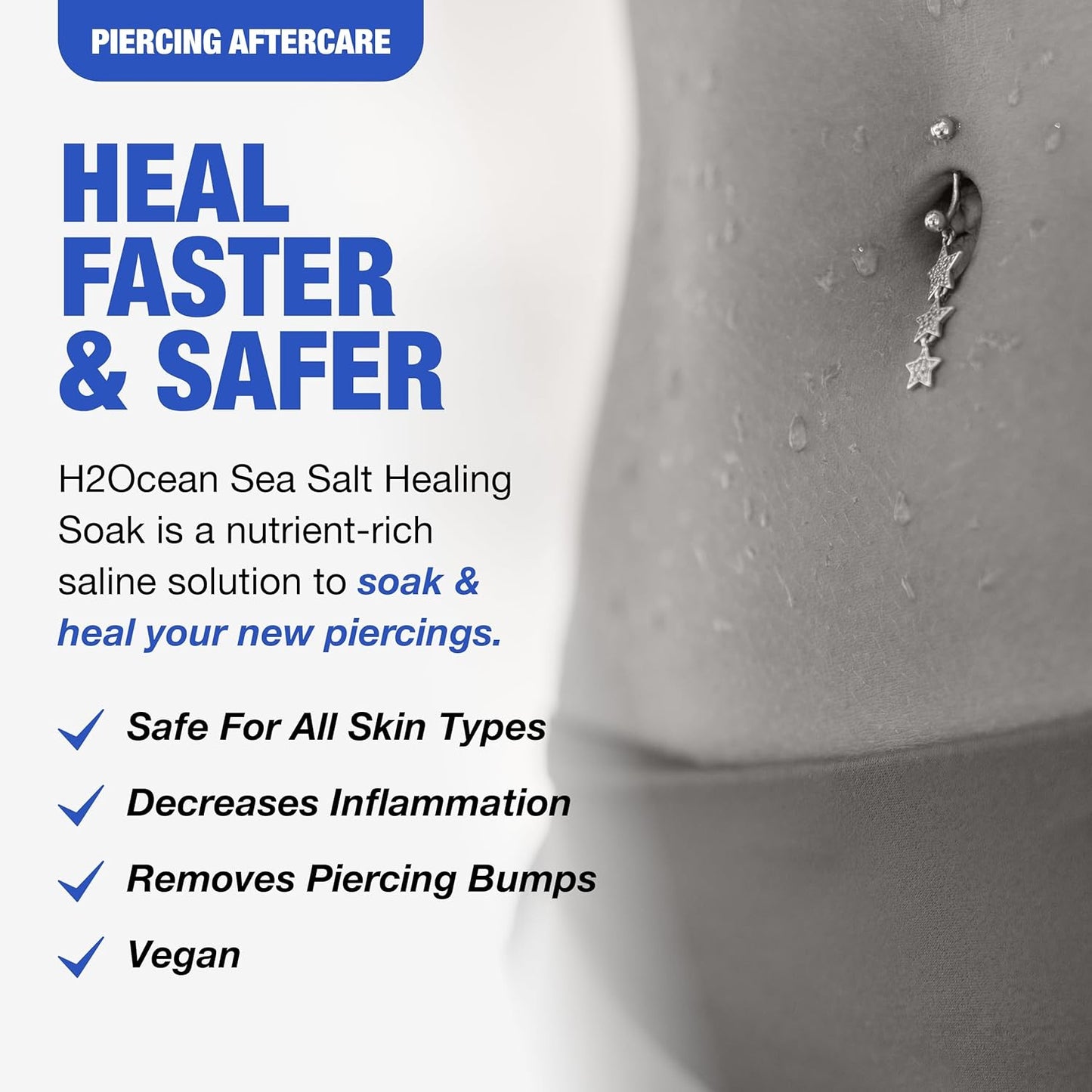 H2Ocean Healing Soak Piercing & Wound Sea Salt Bath - Sea Salt Saline Solution for Piercing & Wound Care - Soothing Aftercare for Body Piercings - 4 oz