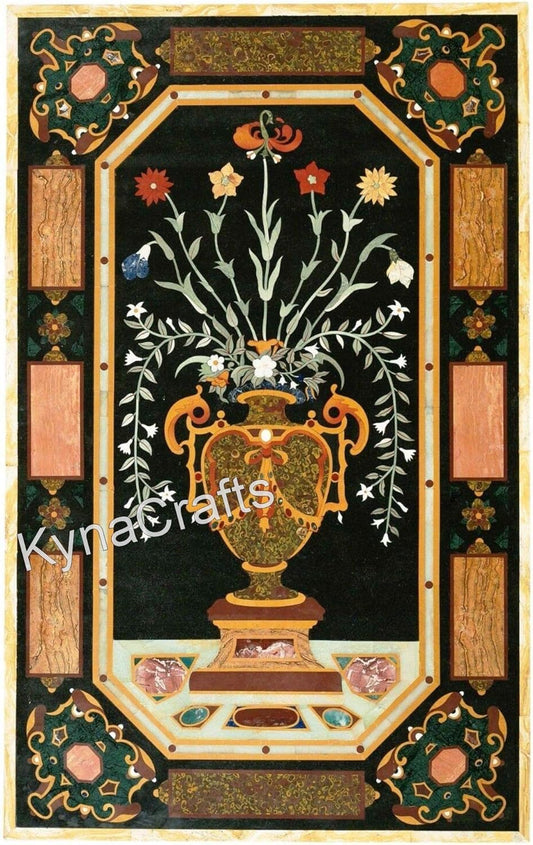 Pietra Dura Art Restaurant Table Top I Black Marble Dining Table Top I Black Marble Table Top I 36" x 60" Handmade Home Table Top