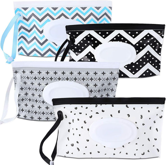 FEBSNOW 4 Pack Baby Wipe Dispenser, Portable Refillable Wipe Holder, Baby Wipes Container, Wipe Dispenser, Reusable Travel Wet Wipe Pouch (Geometric)
