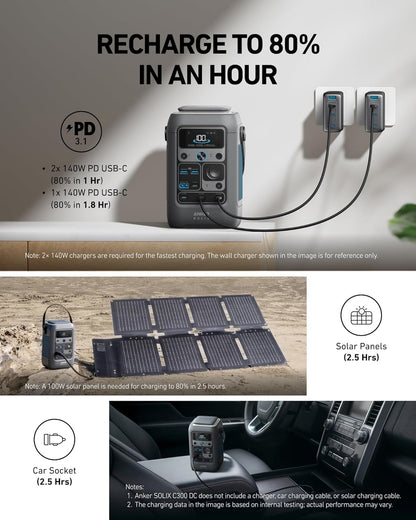 Anker SOLIX C300 DC Power Bank Station, Outdoor 288Wh (90,000mAh), Portable Power Station, LiFeP04 Battery, 300W Solar Generator, for Camping, Traveling, and Emergencies (No Wall Charger Included)