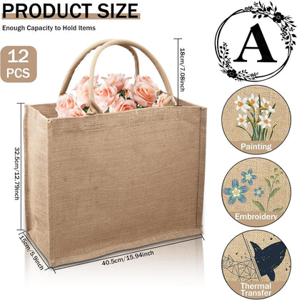 12 Pack Burlap Tote Bag, Reusable Jute Bags with Handles, Large Jute Shopping Canvas Bags Burlap Gift Bags Bulk Kitchen Reusable Grocery Bags for Women Wedding DIY Art Crafts, 16 x 12 x 7.8 inch