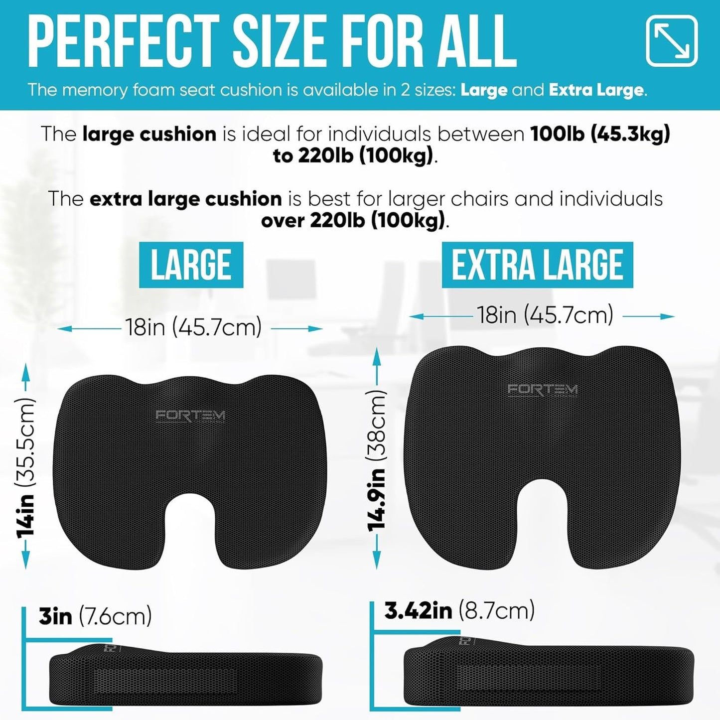 FORTEM Chair Cushion, Seat Cushion for Office Chair, Car Seat Cushion, Coccyx Orthopedic Pillow, Memory Foam Sitting Pillow for Computer, Seat Pad for Gaming, Washable Cover