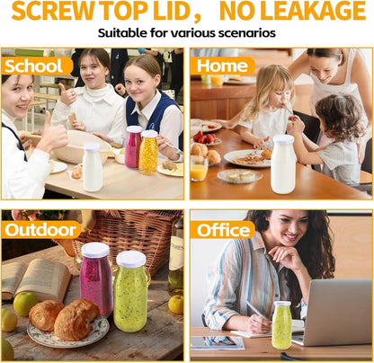 6Pcs 250ml Glass Milk Bottles with Lids, Small Glass Juice Bottles Reusable Glass Milk Jars Mini Milk Bottles with Lids，Glass Straws，Labels and Whiteboard Pen for Beverages, Weddings Decoration