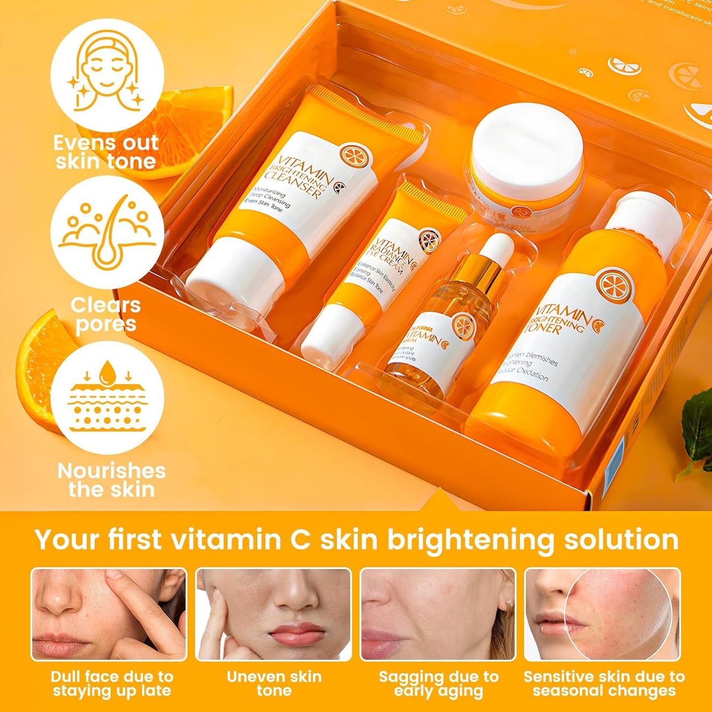 Vitamin C Skin Care Kit, 5 Piece Skincare Kit with Vitamin C Cream, Cleanser, Eye Cream, Serum, Tonic, Full Face Skincare Kit for Radiant Skin