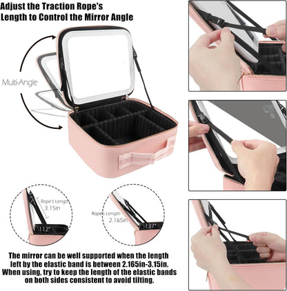 MOMIRA Travel Makeup Case with Large Lighted Mirror Partitionable Cosmetic Bag Professional Cosmetic Artist Organizer, Waterproof Portable, Accessories Case, Tools Case Pink