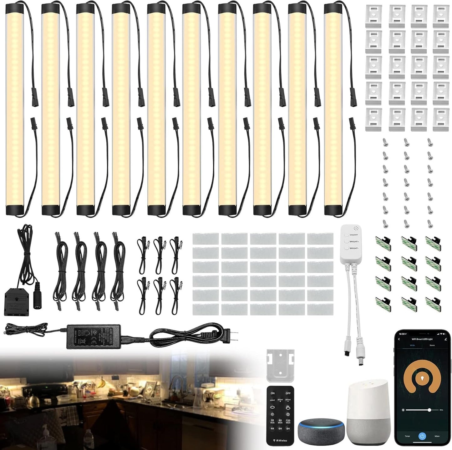 Under Cabinet Lights Kit, LED Smart Dimmable Strip Lighting Fixtures, 24V Plug in Linkable Bar LED Counter Lights for Pantry, Kitchen, Shelf, Bookcases, Showcase (10 PCS, Warm White)