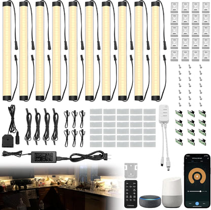 Under Cabinet Lights Kit, LED Smart Dimmable Strip Lighting Fixtures, 24V Plug in Linkable Bar LED Counter Lights for Pantry, Kitchen, Shelf, Bookcases, Showcase (10 PCS, Warm White)