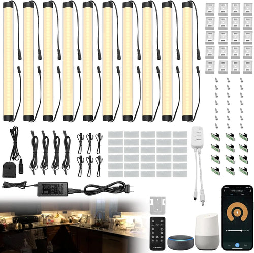 Under Cabinet Lights Kit, LED Smart Dimmable Strip Lighting Fixtures, 24V Plug in Linkable Bar LED Counter Lights for Pantry, Kitchen, Shelf, Bookcases, Showcase (10 PCS, Warm White)