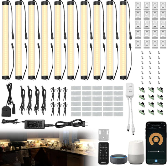 Under Cabinet Lights Kit, LED Smart Dimmable Strip Lighting Fixtures, 24V Plug in Linkable Bar LED Counter Lights for Pantry, Kitchen, Shelf, Bookcases, Showcase (10 PCS, Warm White)