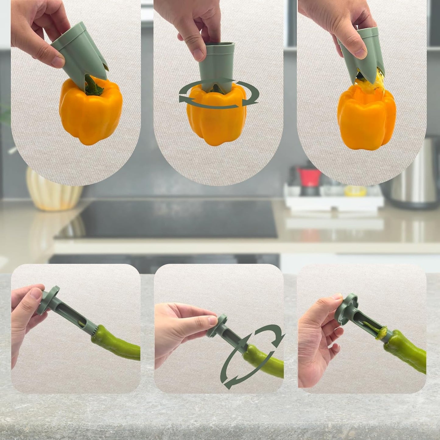 2-in-1 Pepper Seed Corer Remover Kitchen Gadget: Dual-Head Pepper Corer Seed Remover Tool for Bell Peppers, Apple Corer, Fruits & Vegetables,Durable ABS Plastic, Easy to Clean (Green)