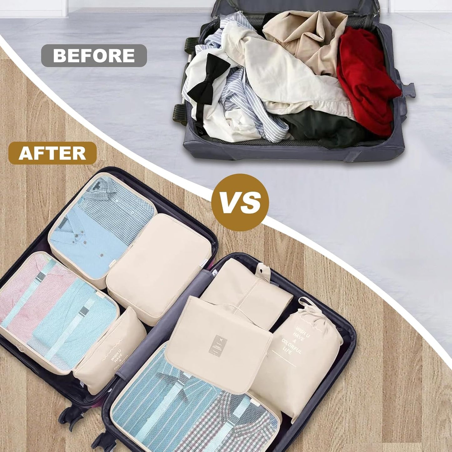 9 Pieces Organizer Suitcase Space-Saving Organizers, Travel Organizers, Packing Cubes, Travel Set Useful Accessories Organizer for Holidays, Travel and Home Garment Storage(Beige)
