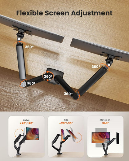ErGear Dual Monitor Mount, Gas Spring Arm for 17"-32" Screens, Max 22 lbs Each, VESA 75/100mm, Adjustable Height, 180° Swivel, Tilt, 360° Rotation, Sturdy Steel for Office Use