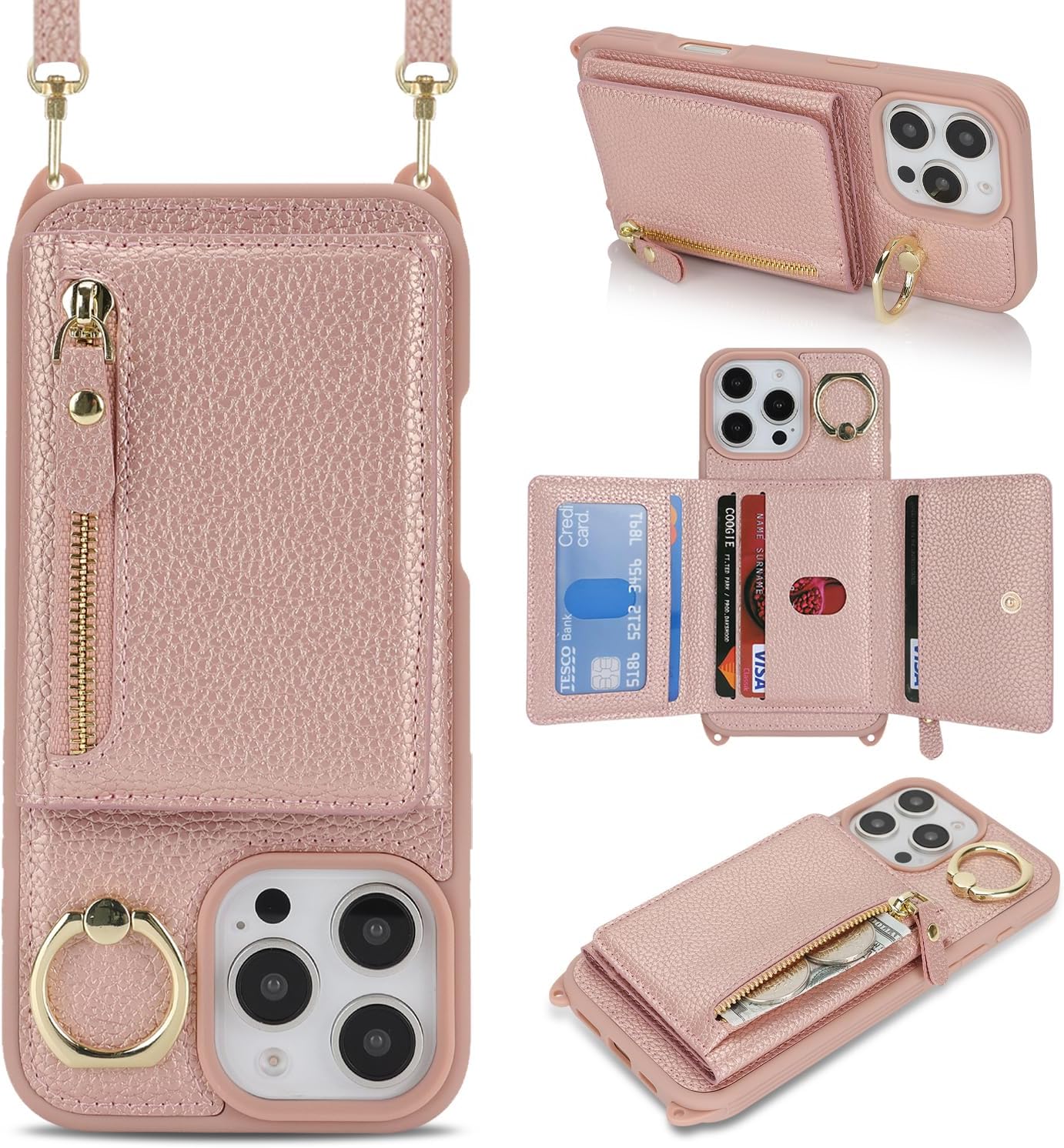 Cavor Crossbody Wallet for iPhone 16 Pro Max Leather Case for iPhone16pro Max Case 6.9'' Flip Cover Card Slots with 360°Rotation Ring Holder Kickstand & Long Shoulder Lanyard Strap-Rose