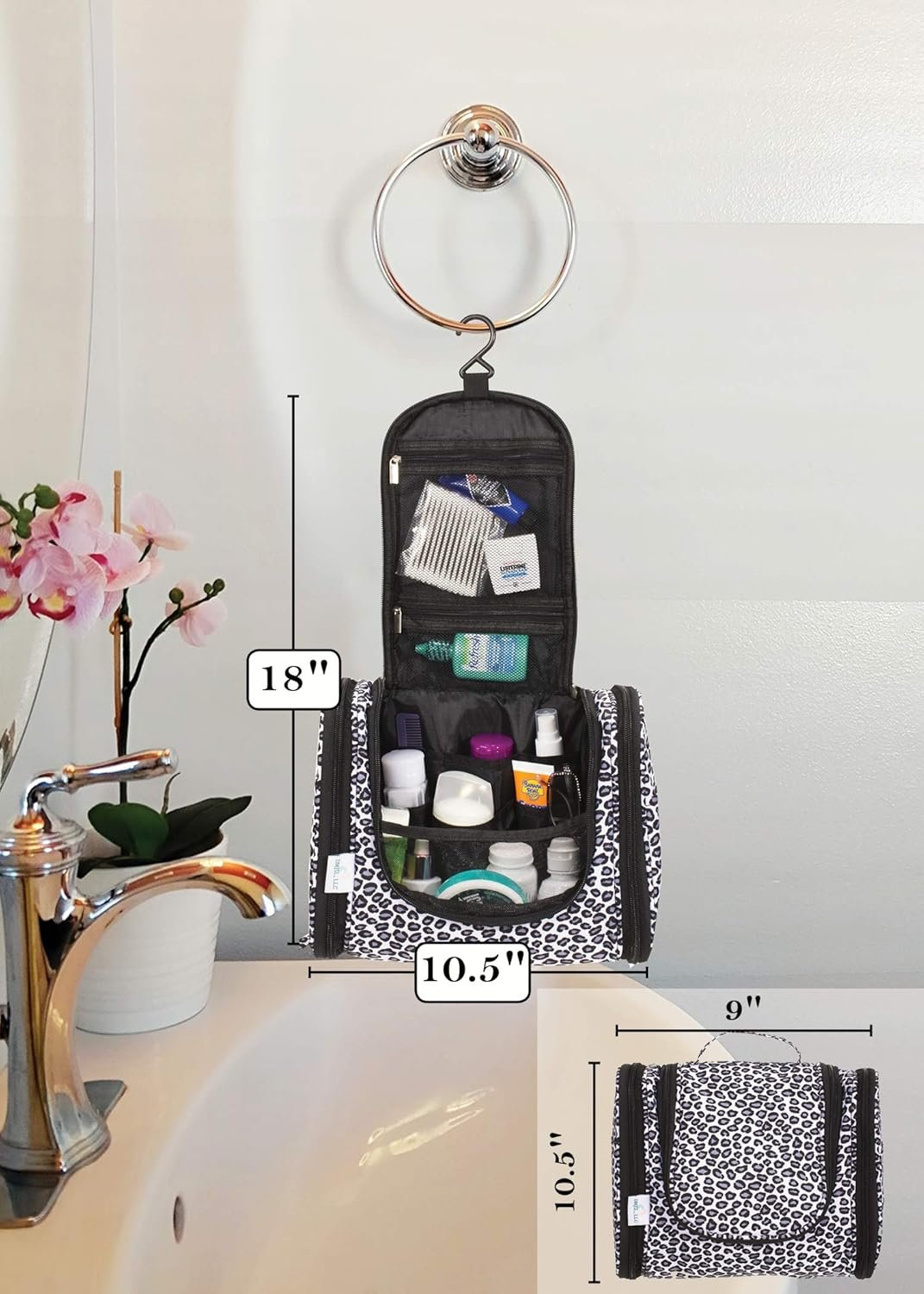 DMJSL Womens Hanging Toiletry Bag - Travel Makeup Organizer and Cosmetic Case, TSA Approved, Black Leopard Print