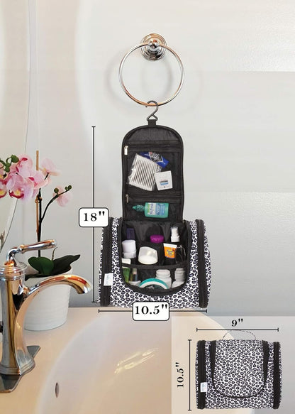 DMJSL Womens Hanging Toiletry Bag - Travel Makeup Organizer and Cosmetic Case, TSA Approved, Black Leopard Print