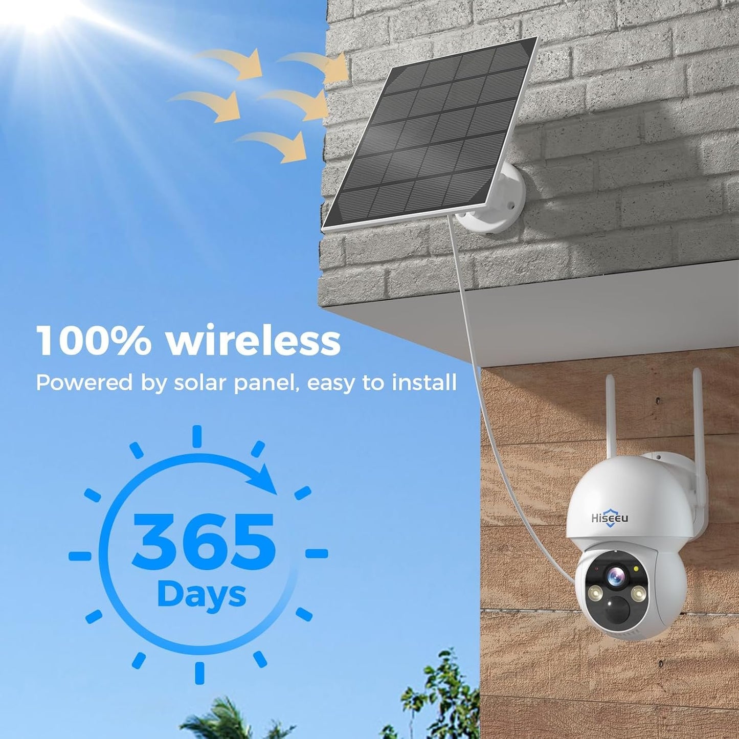 Hiseeu Solar Security Camera, 2PCS 4MP Wireless WiFi Camera Outdoor, PTZ 360° View, PIR Motion Detection, Color Night Vision, IP66, 2-Way Audio, 2.4G WiFi, No Monthly Fee