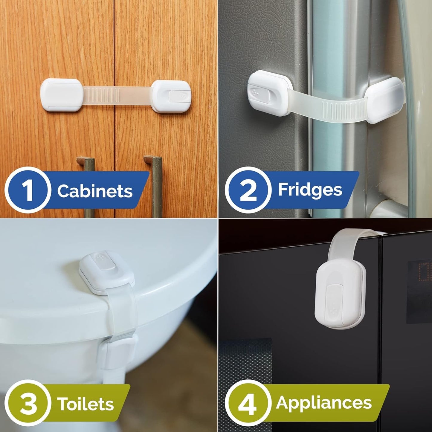 Child Safety Locks -VALUE PACK (10 Straps)- No Tools or Drilling -Adjustable Size/Flexible -Adhesive Furniture Latches For Cabinets, Drawers, Appliances, Toilet Seat, Fridge, Oven & More (White/White)