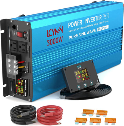 LCYMW 3000 Watt Inverter Pure Sine Wave DC 12V to 110V AC Power Inverters with 3 AC Charger Outlets, Car Inverter Solar Power Inverters for Vehicles Home with LCD Display and 2.4A USB Charging Ports