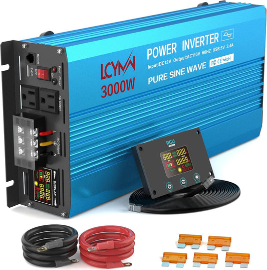 LCYMW 3000 Watt Inverter Pure Sine Wave DC 12V to 110V AC Power Inverters with 3 AC Charger Outlets, Car Inverter Solar Power Inverters for Vehicles Home with LCD Display and 2.4A USB Charging Ports