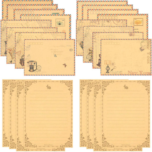 KSIWRE 48 PCS Vintage Style Stationery Paper and Envelopes Set, 32 PCS Lined Stationary Writing Paper with 16 PCS Envelopes, Old Looking Paper Antique Paper for Writing Letters Party Invitations