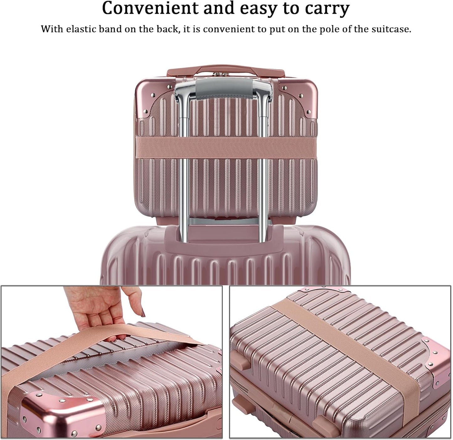 BSTKEY Portable Hard Shell Cosmetic Travel Case, Small Travel Hand Luggage with Elastic Band, Mini ABS Carrying Makeup Case Suitcase, Rose Gold