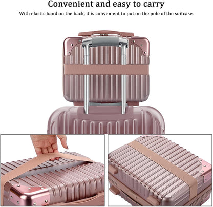 BSTKEY Portable Hard Shell Cosmetic Travel Case, Small Travel Hand Luggage with Elastic Band, Mini ABS Carrying Makeup Case Suitcase, Rose Gold
