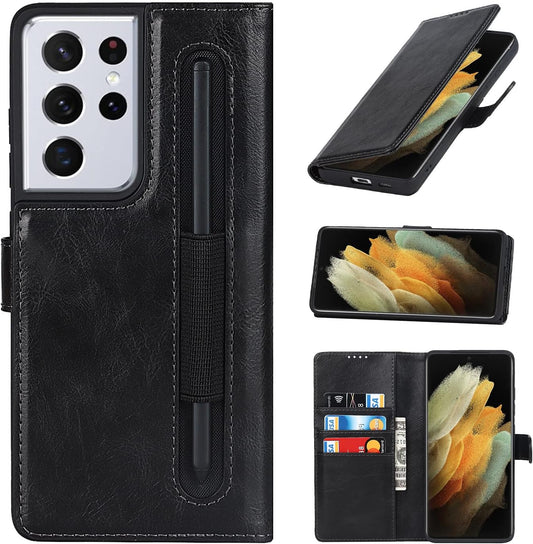 Cavor Wallet Case for Samsung Galaxy S21 Ultra 5G Case Crazy Horse Leather Flip Cover with S-Pen Pocket/S Pen Holder and Kickstand Card Slots Shockproof Protective Phone Cases-Black