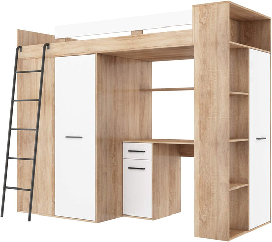 BIM Furniture - Entresole Verana L Loft Bed, 190 x 90 cm, with Stairs, Wardrobe, Shelves, Children's Furniture, Left Side