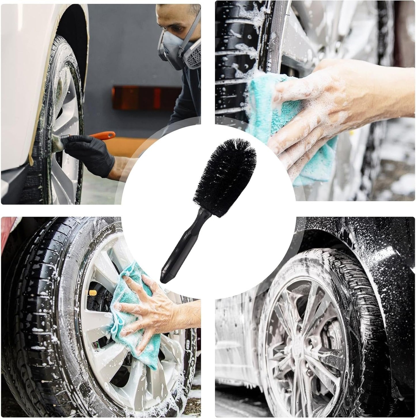 Tire Brush, Car Detailing Wheel Brush, 9.06 Inches Lightweight Round Head Antifreeze Handle, Vehicle Wash Tool for Motorcycles Minivans Sedans Rvs Cleaning, Black