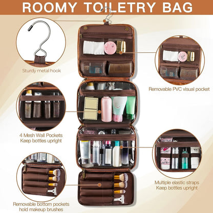 Elviros Hanging Toiletry Bag for Men and Women 3-in-1 Large Waterproof Travel Organizer PU Leather Makeup Bag Dopp Kit with Separate Compartments for Grooming Toiletries and Skincare Accessories