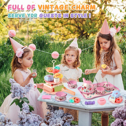 Flower Tea Set for Little Girls, Birthday Gift for Age 3 4 5 6 Year Old, Toddler Toys Tea Party Set for Little Girls, Princess Kids Kitchen Pretend Toy with Tin Tea Set, Desserts & Carrying Case