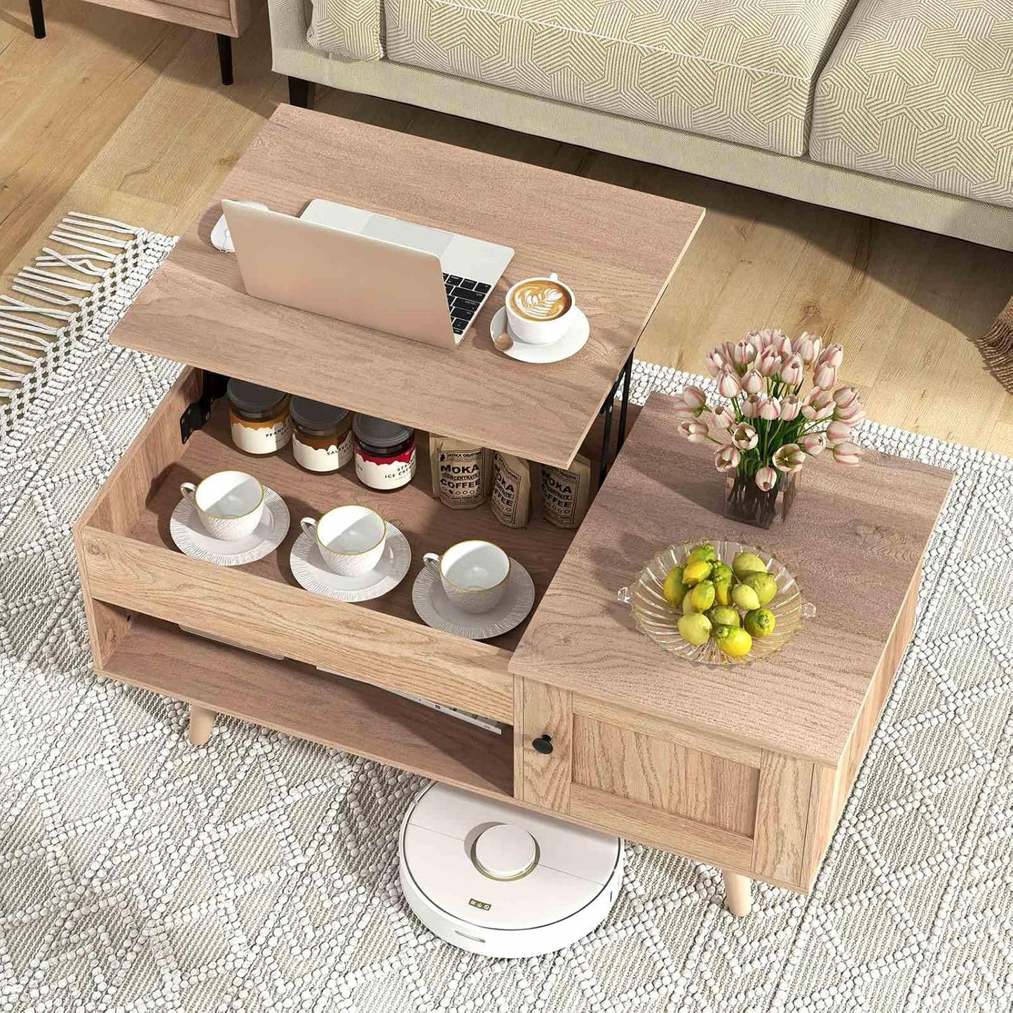 Costway Lift-Top Coffee Table, Flip Top Center Table, Small Coffee Table with Hidden Storage & Open Shelf, Convertible Office Table, Lift Tabletop Dining Table for Living Room (Natural)
