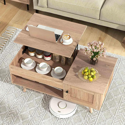 Costway Lift-Top Coffee Table, Flip Top Center Table, Small Coffee Table with Hidden Storage & Open Shelf, Convertible Office Table, Lift Tabletop Dining Table for Living Room (Natural)
