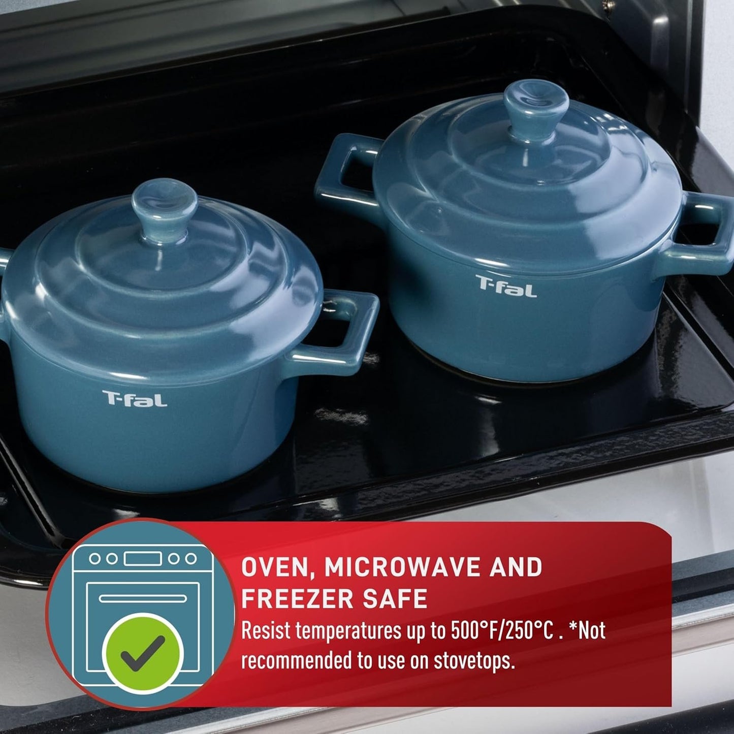 T-Fal Ceramic 2 Pc Mini-Cocotte set with lids, uniform heat-distribution, oven, microwave, freezer and dishwasher safe, blue