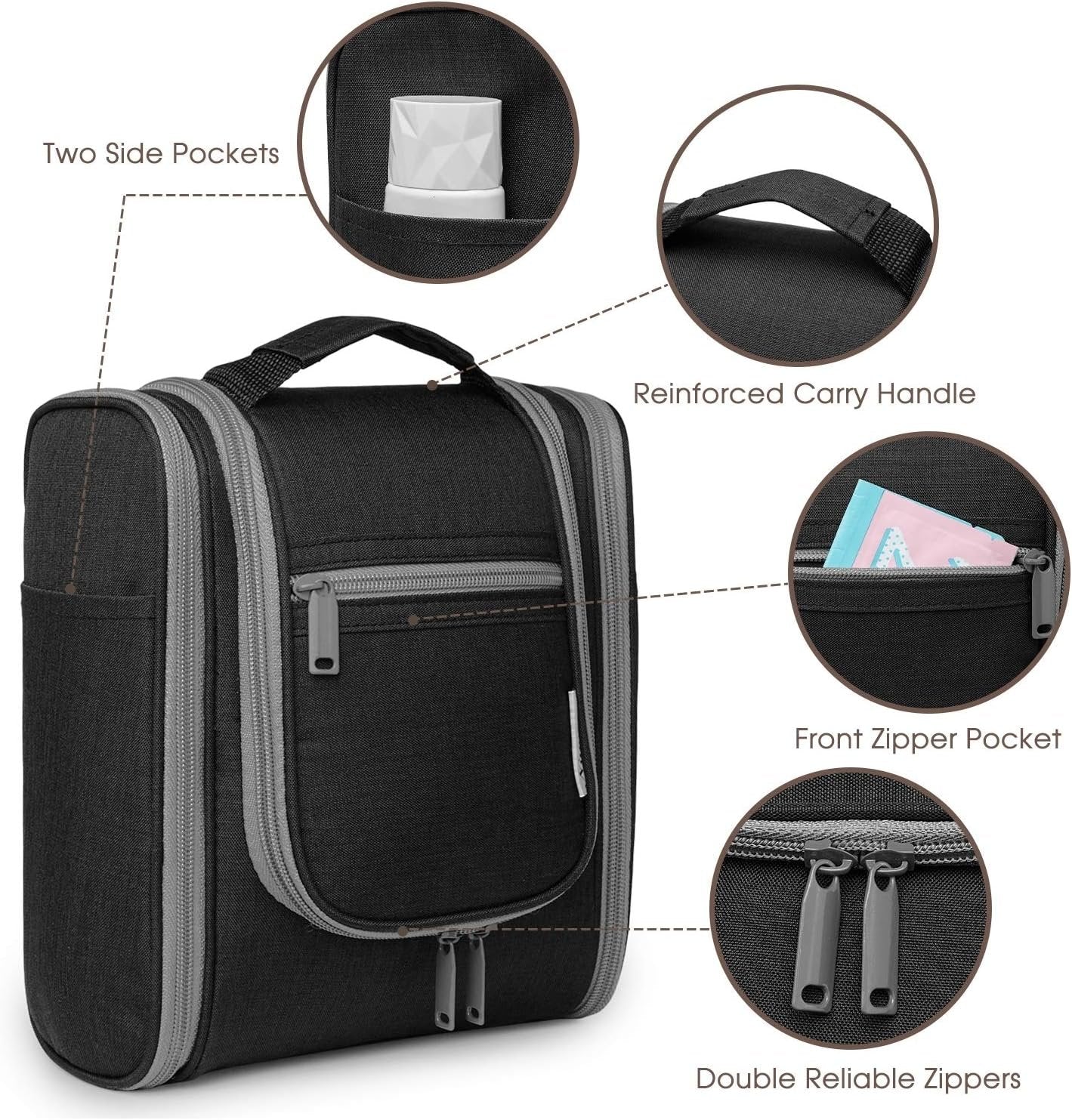 Narwey Hanging Travel Toiletry Bag Cosmetic Make up Organizer for Women and Men (Medium, Black)